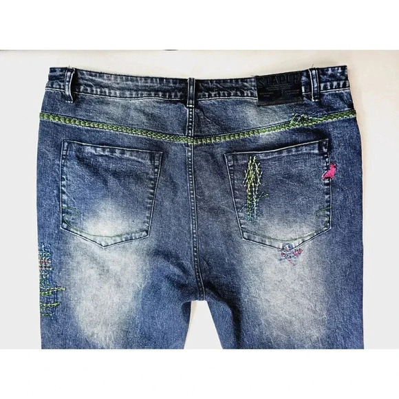 Staple Pigeon Size 40X32 Men's Factory Stich Distressed Blue Denim Logo Jeans - Picture 7 of 13